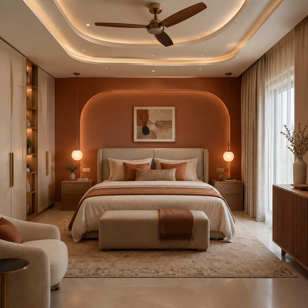 Terracotta bedroom with sculptural POP ceiling lighting