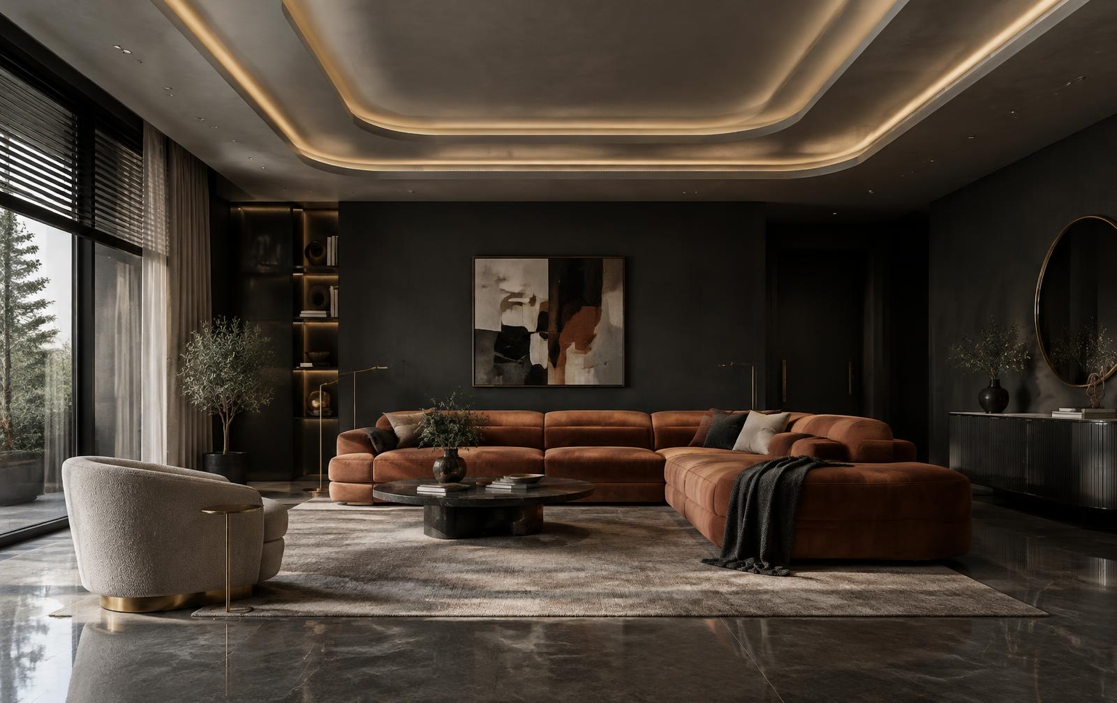 Contemporary living room with a sculptural illuminated POP ceiling and terracotta seating