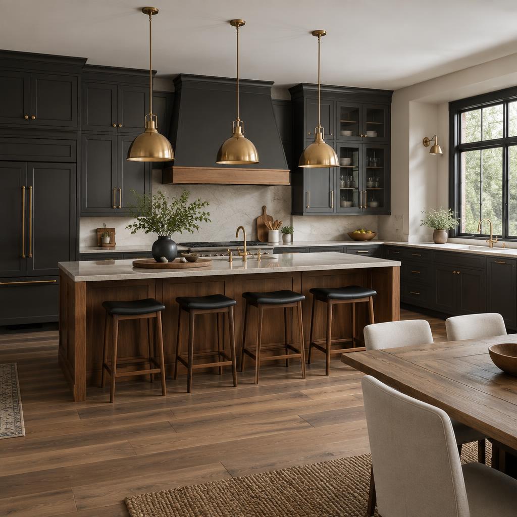 Charcoal and warm wood kitchen with brass pendant lights