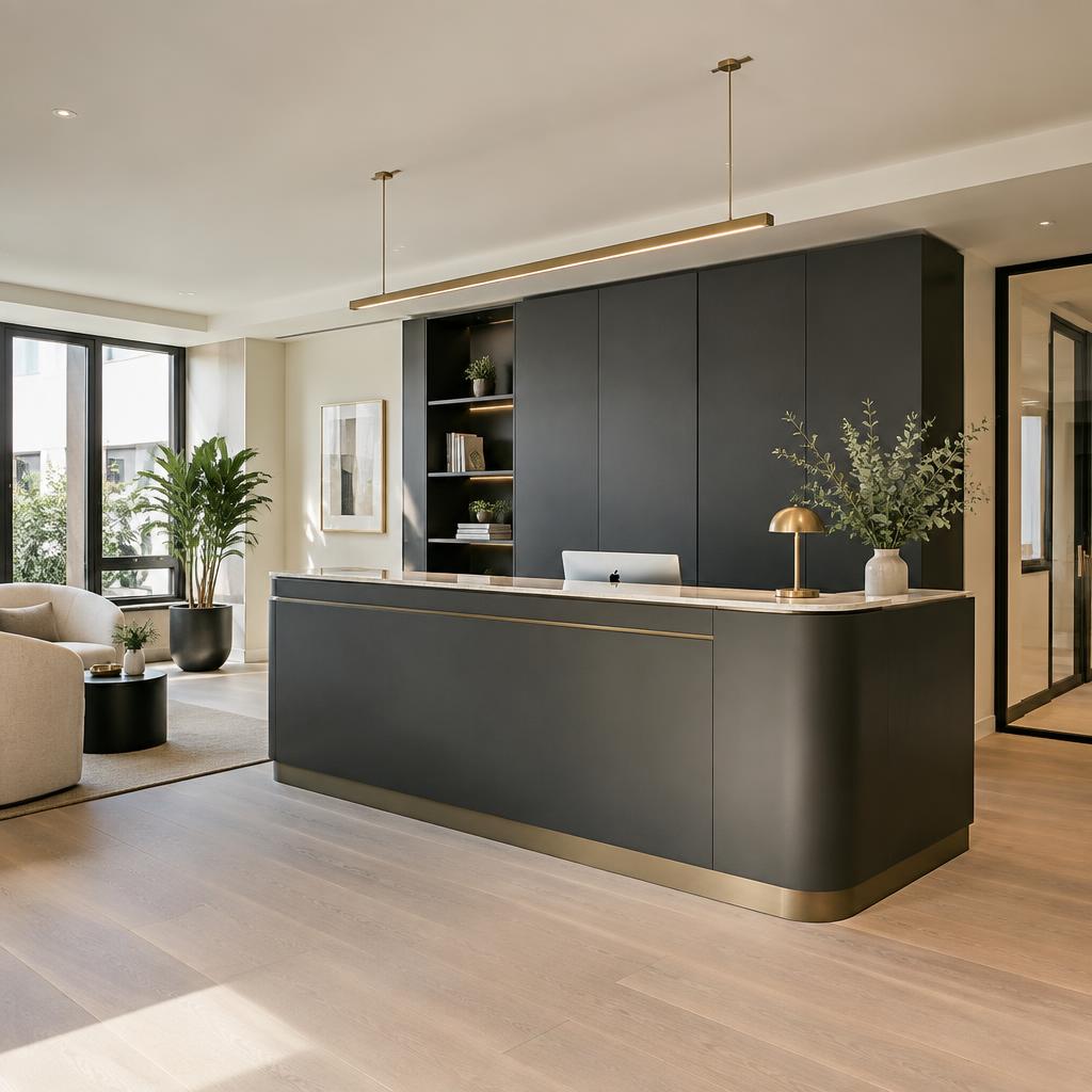 Modern office reception with charcoal joinery